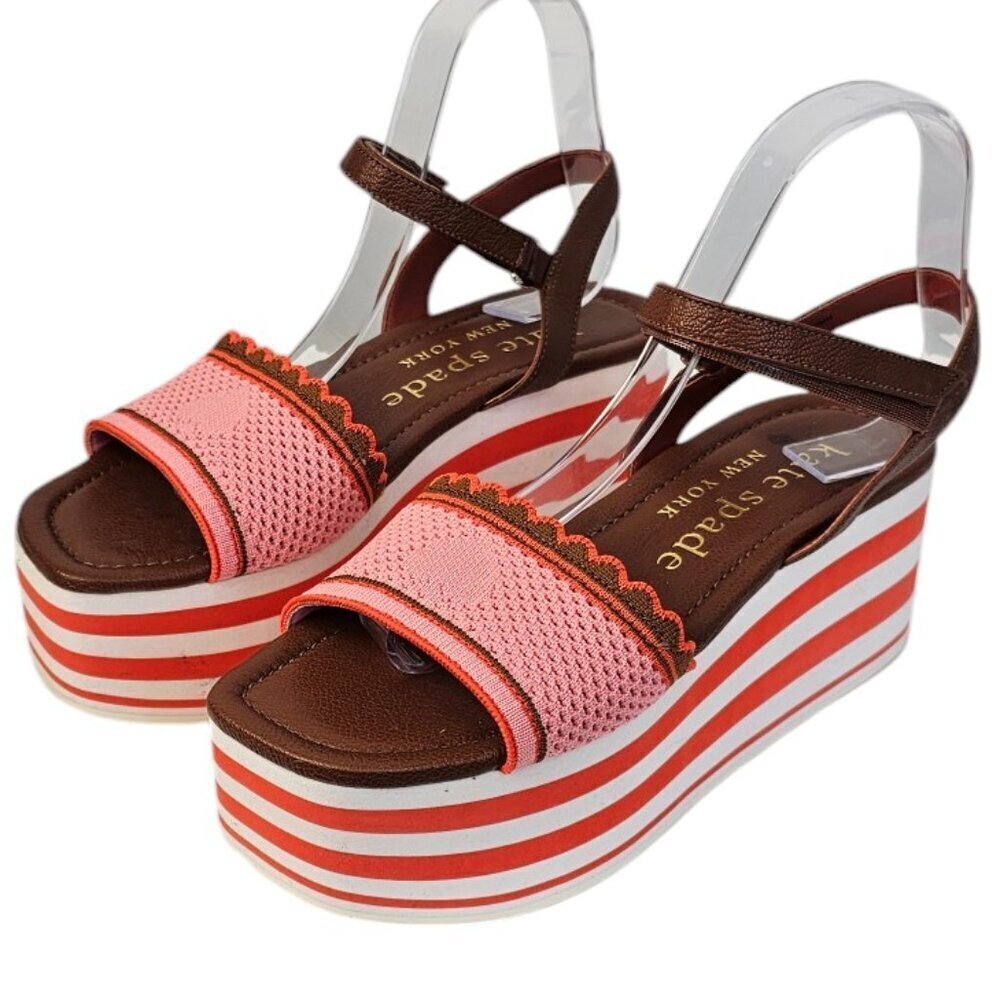 Kate Spade Womens High Rise Spade Wedges, Striped, Platform, Leather, Size 7.5
